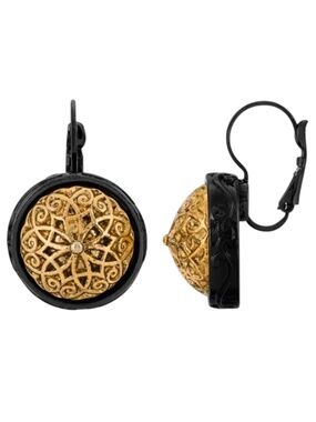 Antiquities Couture Patras Jet Black Gold Button Leverback Earrings NWT